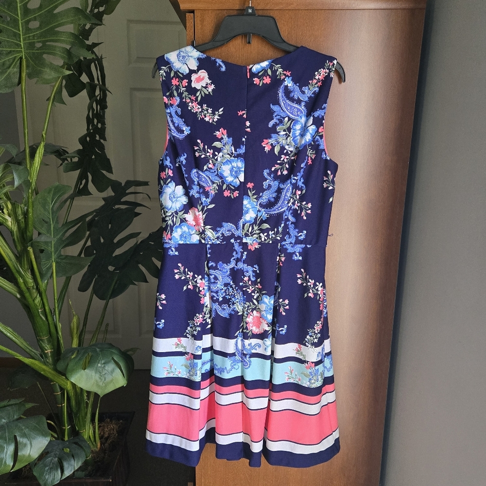 madison leigh Navy Floral Fit-and-Flare Dress with Pink & Teal Stripes - Picture 2 of 6